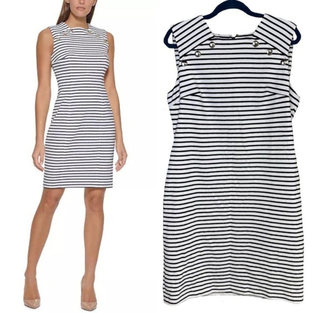 TOMMY HILFIGER Sailor Nautical Navy Stripe Knit Sheath Dress Office Preppy 14
